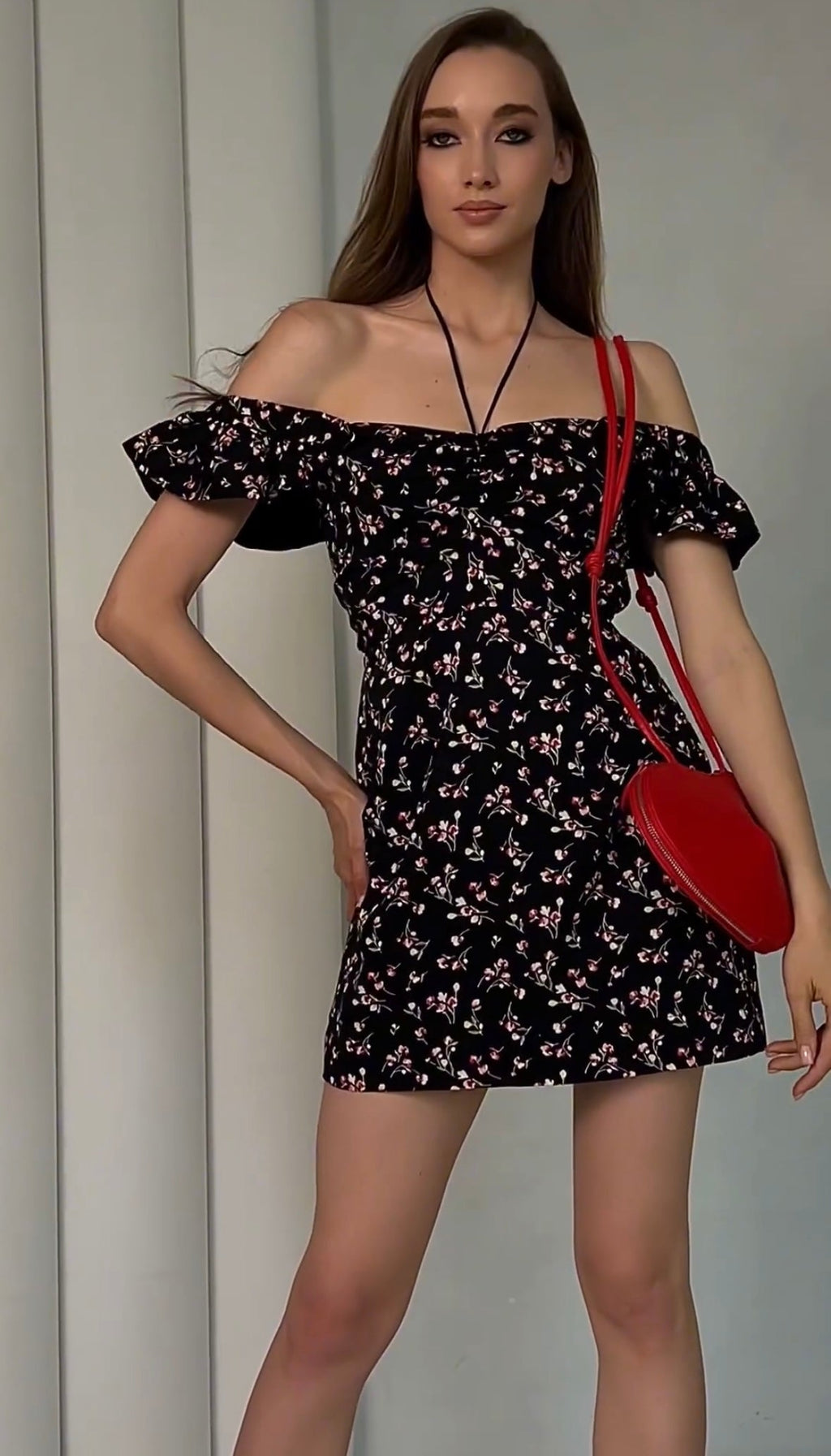 Fashion off-Shoulder Sleeve Puff Sleeve Floral Skirt