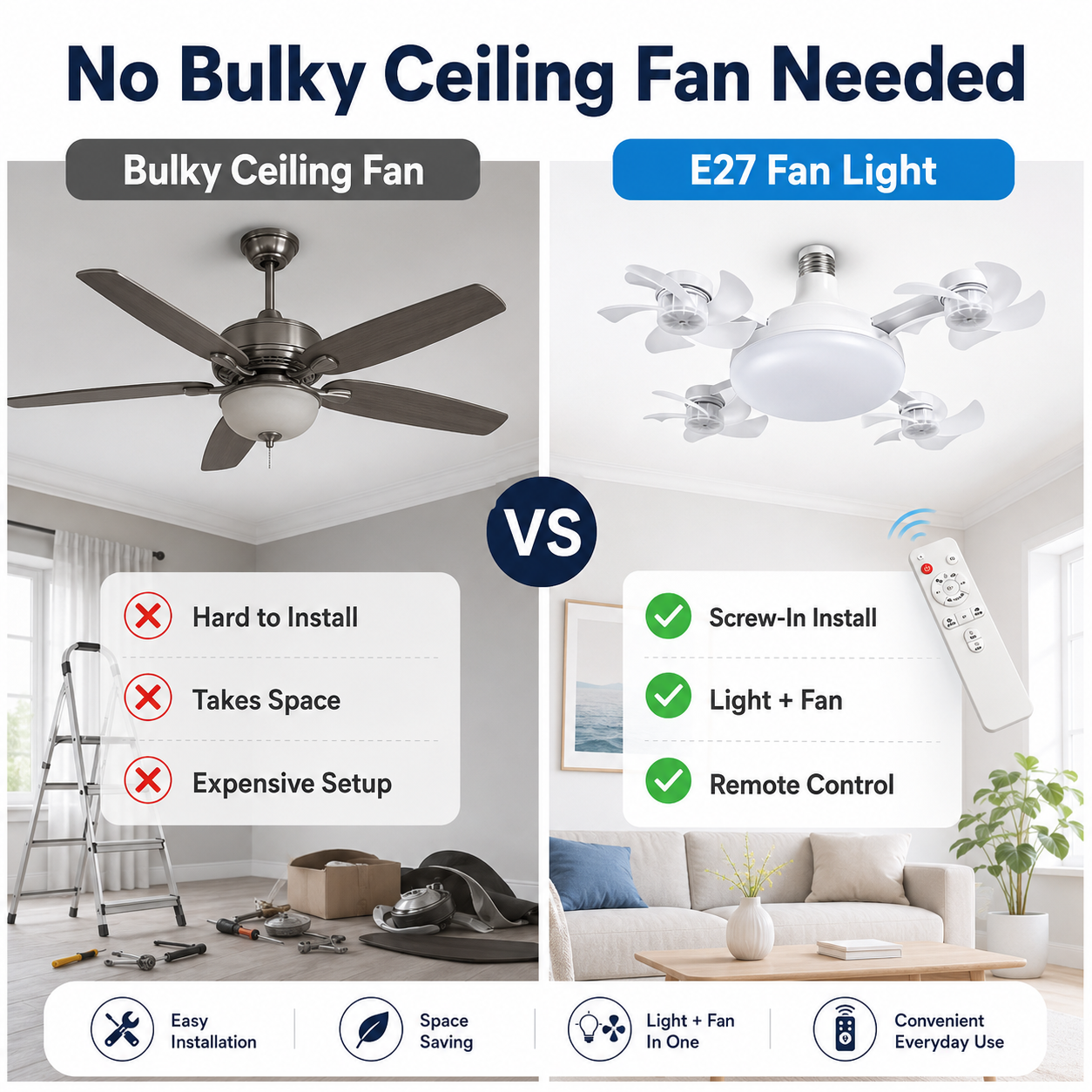 🔥E27 Screw-In CeilingFan Light - 19.69" LEDCooling Fan with Remotefor Hot Rooms